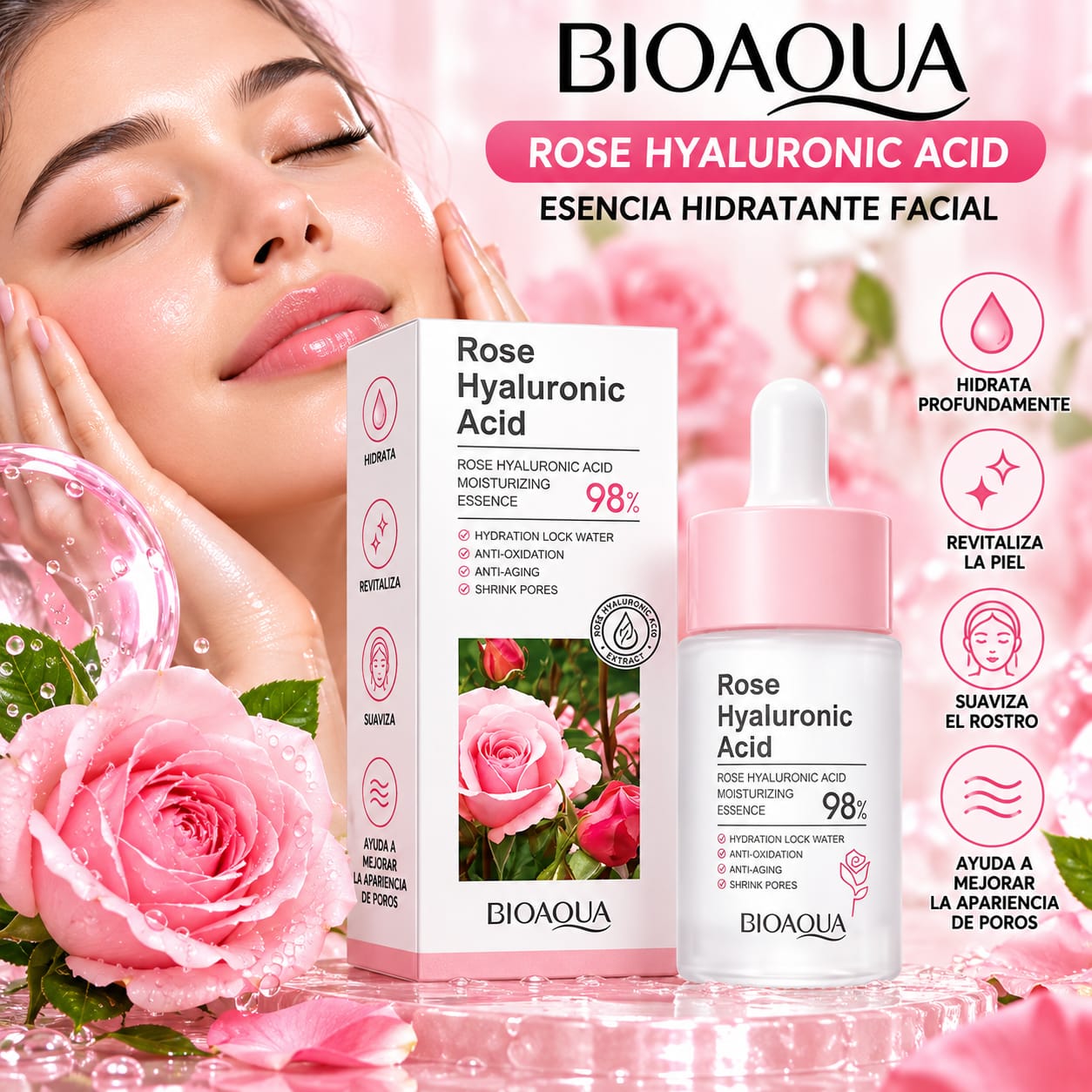 Sérum Facial Bioaqua Rosa con Ácido Hialurónico 30 ml